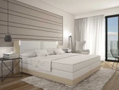 Conjunto Boxspring Completo Cabeceira Com Leds + Sommiers + Colchão + Sobrecolchão Asti De Ysmee - 180 X 200 Cm - Pele Sintética - Creme E Branco