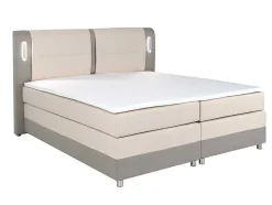 Conjunto Boxspring Completo Cabeceira De Cama Com Leds + Sommiers + Colchão + Sobrecolchão Rimini Da Ysmee De 160 X 200 Cm Em Tecido E Pele Sintética Cor Bege E Cor Creme