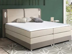 Conjunto Boxspring Completo Cabeceira De Cama Com Leds + Sommiers + Colchão + Sobrecolchão Rimini Da Ysmee De 160 X 200 Cm Em Tecido E Pele Sintética Cor Bege E Cor Creme