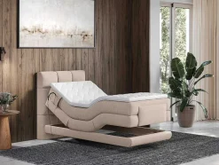 Conjunto Completo Boxspring, Cabeceira De Cama Acolchoada + Sommiers Articulados Eletricos + Colchão + Sobrecolchão 100X200 Cm Tecido Bege - Lodi Da Palacio
