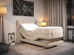 Conjunto Completo Boxspring, Cabeceira De Cama Acolchoada + Sommiers Articulados Eletricos + Colchão + Sobrecolchão 100X200 Cm Tecido Bege - Lodi Da Palacio