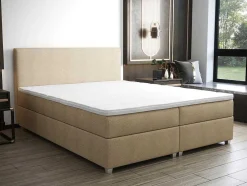 Conjunto Completo Boxspring Com Cabeceira + Sommier + Colchão + Sobrecolchão 160 X 200 Cm Tecido Bege - Onan De Ysmee