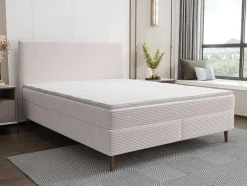 Conjunto Completo Boxspring Com Cabeceira + Sommier + Colchão + Sobrecolchão 160 X 200 Cm Veludo Canelado Bege - Nara De Ysmee