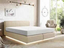 Conjunto Completo Boxspring Cabeceira De Cama + Sommier Com Leds + Colchão 160X200 Cm Tecido Bege - Otaru De Ysmee