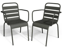 Conjunto De 2 Cadeiroes De Jardim Empilhaveis Em Metal Cinzento-Escuro - Mirmande