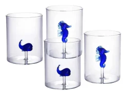 Conjunto De 4 Copos Com Animais, Baleias E Cavalos-Marinhos, Transparente E Azul D.7,5 X A.9,5 Cm - Parasa