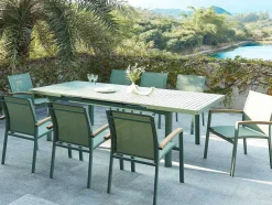 Conjunto De Jantar De Jardim Em Aluminio, Uma Mesa Extensivel 180/240 Cm E 8 Cadeiroes Empilhaveis Com Apoios De Braco Em Acacia Verde-Amendoa - Nauru