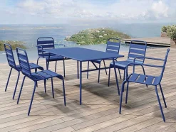 Conjunto De Jantar De Jardim Em Metal, Uma Mesa C. 160 Cm Com 2 Cadeiroes Empilhaveis E 4 Cadeiras Empilhaveis Azul-Escuro - Mirmande
