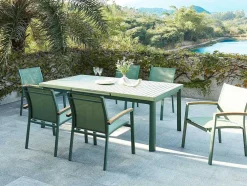 Conjunto De Jantar De Jardim Em Aluminio, Mesa Extensivel 180/240Cm, 6 Cadeiroes Empilhaveis Com Apoios De Bracos Em Acacia Verde-Amendoa - Nauru