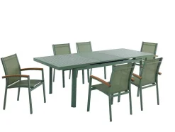 Conjunto De Jantar De Jardim Em Aluminio, Mesa Extensivel 180/240Cm, 6 Cadeiroes Empilhaveis Com Apoios De Bracos Em Acacia Verde-Amendoa - Nauru