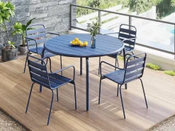Conjunto De Jantar De Jardim Em Metal, Uma Mesa D. 110 Cm E 4 Cadeiroes Empilhaveis Azul-Escuro - Mirmande