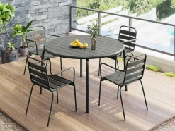 Conjunto De Jantar De Jardim Em Metal, Uma Mesa D. 110 Cm E 4 Cadeiroes Empilhaveis, Cinzento-Escuro - Mirmande