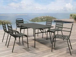 Conjunto De Jantar De Jardim Em Metal, Uma Mesa C. 160 Cm Com 2 Cadeiroes Empilhaveis E 4 Cadeiras Empilhaveis, Cinzento-Escuro - Mirmande