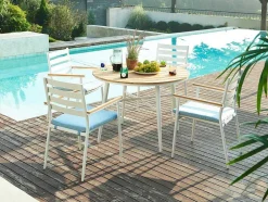 Conjunto De Jantar De Jardim Madeira E Aluminio: Uma Mesa D.110 Cm E 4 Cadeiroes, Branco E Natural Claro - Miami De Mylia