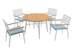 Conjunto De Jantar De Jardim Madeira E Aluminio: Uma Mesa D.110 Cm E 4 Cadeiroes, Branco E Natural Claro - Miami De Mylia