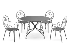 Conjunto De Jantar De Jardim Metal Acabamento Ferro Forjado, Uma Mesa D120 Cm E 4 Cadeiroes Empilhaveis Antracite - Guermantes De Mylia