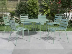 Conjunto De Jantar De Jardim Metal, Uma Mesa Redonda D.130 Cm E 6 Cadeiras Empilhaveis Verde Amendoa - Mirmande De Mylia
