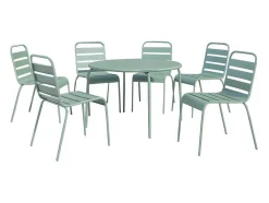 Conjunto De Jantar De Jardim Metal, Uma Mesa Redonda D.130 Cm E 6 Cadeiras Empilhaveis Verde Amendoa - Mirmande De Mylia