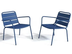 Conjunto De Jardim Em Metal, 2 Cadeiroes Baixos Empilhaveis E Uma Mesa De Apoio, Azul-Escuro - Mirmande