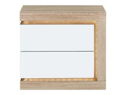 Conjunto De 2 Mesas De Cabeceira Com 2 Gavetas, Com Leds, Lacado A Branco E Natural - Flarancia