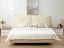 Conjunto De 2 Mesas De Cabeceira Com 2 Gavetas, Com Leds, Lacado A Branco E Natural - Flarancia