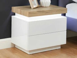 Conjunto De 2 Mesas De Cabeceira Com 2 Gavetas Mdf Lacado, Leds, Cor Branco E Carvalho - Halo Ii