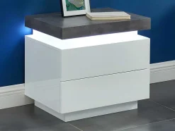 Conjunto De 2 Mesas De Cabeceira Com 2 Gavetas Mdf Lacado, Leds, Cor Branco E Cinzento-Cimento - Halo Ii
