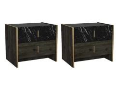 Conjunto De 2 Mesas De Cabeceira, 2 Gavetas, Efeito Marmore Preto, Natural E Dourado - Cabeda