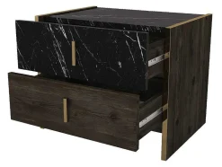 Conjunto De 2 Mesas De Cabeceira, 2 Gavetas, Efeito Marmore Preto, Natural E Dourado - Cabeda