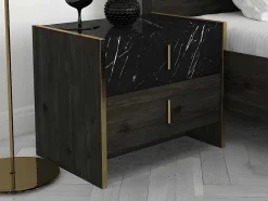 Conjunto De 2 Mesas De Cabeceira, 2 Gavetas, Efeito Marmore Preto, Natural E Dourado - Cabeda