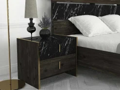 Conjunto De 2 Mesas De Cabeceira, 2 Gavetas, Efeito Marmore Preto, Natural E Dourado - Cabeda