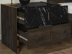 Conjunto De 2 Mesas De Cabeceira, 2 Gavetas, Efeito Marmore Preto, Natural E Dourado - Cabeda