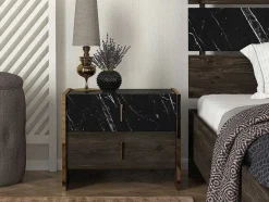Conjunto De 2 Mesas De Cabeceira, 2 Gavetas, Efeito Marmore Preto, Natural E Dourado - Cabeda