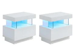 Conjunto De 2 Mesas De Cabeceira Com 1 Gaveta E 1 Prateleira, Leds, Mdf Lacado A Branco - Fabio Ii