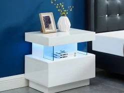 Conjunto De 2 Mesas De Cabeceira Com 1 Gaveta E 1 Prateleira, Leds, Mdf Lacado A Branco - Fabio Ii