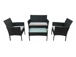 Conjunto De Moveis De Jardim Corfou Em Resina Tecida Preta 4 Lugares - Almofadas Cinzentas