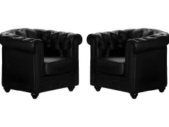 Conjunto De 2 Poltronas Em Pele Sintética Preto - Chesterfield
