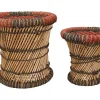 Conjunto De 2 Pufes Redondos Em Rotim Natural Claro E Vermelho - Mirtaka