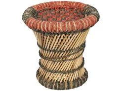 Conjunto De 2 Pufes Redondos Em Rotim Natural Claro E Vermelho - Mirtaka