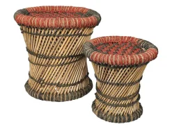 Conjunto De 2 Pufes Redondos Em Rotim Natural Claro E Vermelho - Mirtaka