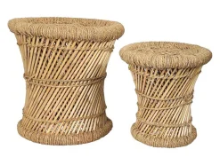Conjunto De 2 Pufes Redondos Em Rotim Natural Claro - Mirtaka