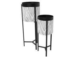 Conjunto De 2 Vasos De Ornamentacao Com Suporte Em Metal D. 20 X A. 53 Cm E D. 25 X A. 69 Cm Preto E Branco - Capoli