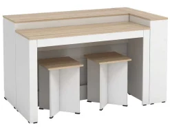 Conjunto Ilha Central De Cozinha + 2 Bancos Altos, Branco E Natural Claro - Nusice