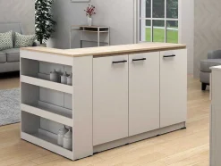 Conjunto Ilha Central De Cozinha + 2 Bancos Altos, Branco E Natural Claro - Nusice