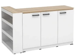 Conjunto Ilha Central De Cozinha + 2 Bancos Altos, Branco E Natural Claro - Nusice