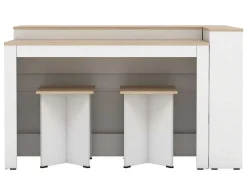 Conjunto Ilha Central De Cozinha + 2 Bancos Altos, Branco E Natural Claro - Nusice