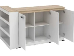 Conjunto Ilha Central De Cozinha + 2 Bancos Altos, Branco E Natural Claro - Nusice