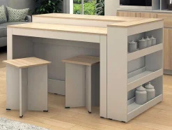 Conjunto Ilha Central De Cozinha + 2 Bancos Altos, Branco E Natural Claro - Nusice