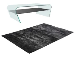 Conjunto Mesa De Centro Transparente E Preta - Kelly E Tapete Felpudo Antracite - Dolce