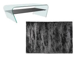 Conjunto Mesa De Centro Transparente E Preta - Kelly E Tapete Felpudo Antracite - Dolce
